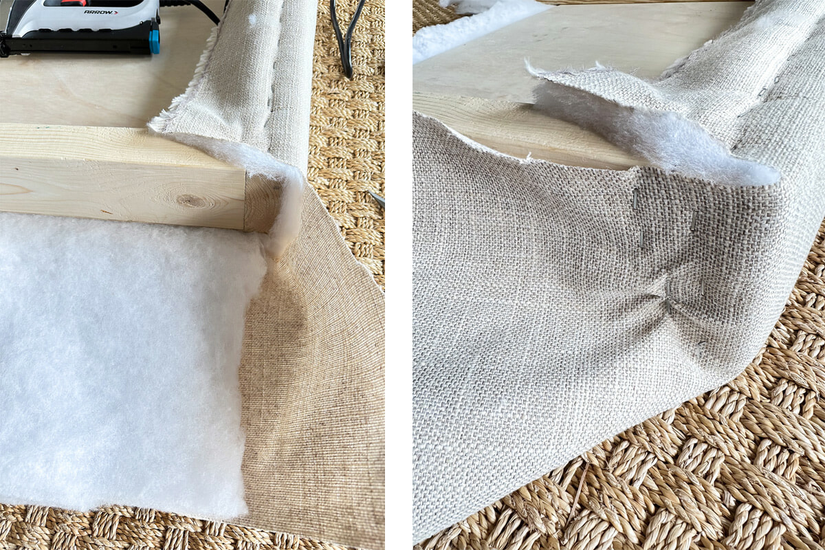 cómo envolver la tela y cubrir las esquinas al tapizar una cabecera.